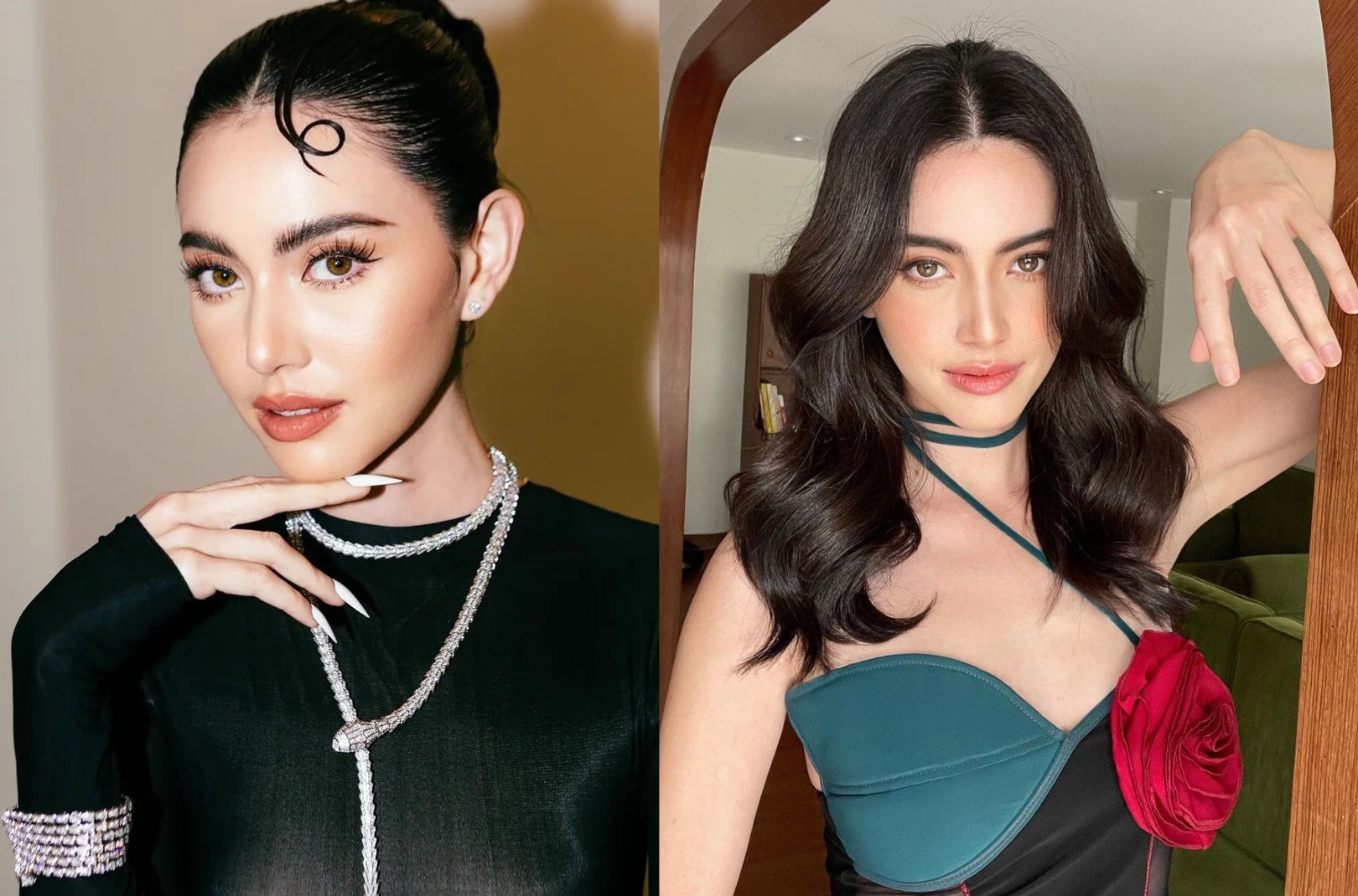 Mai Davika mang trang phục đen v&agrave; xanh đậm